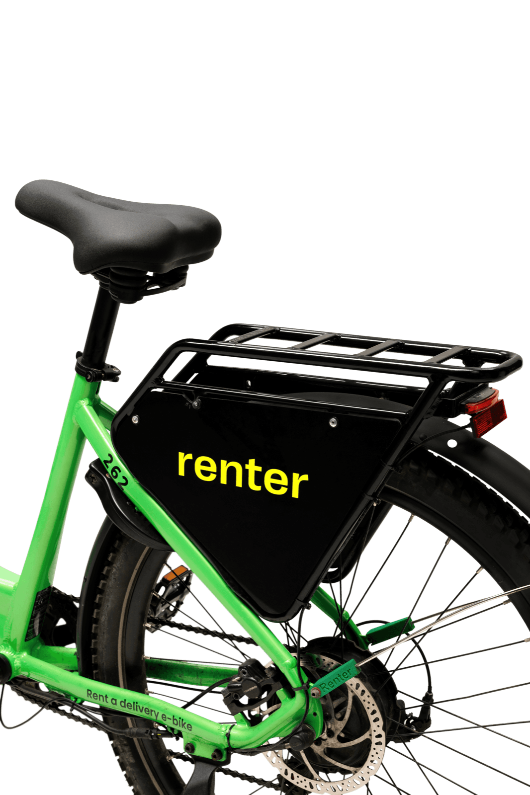Close-up of the Renter RB1 rear rack and branded delivery box