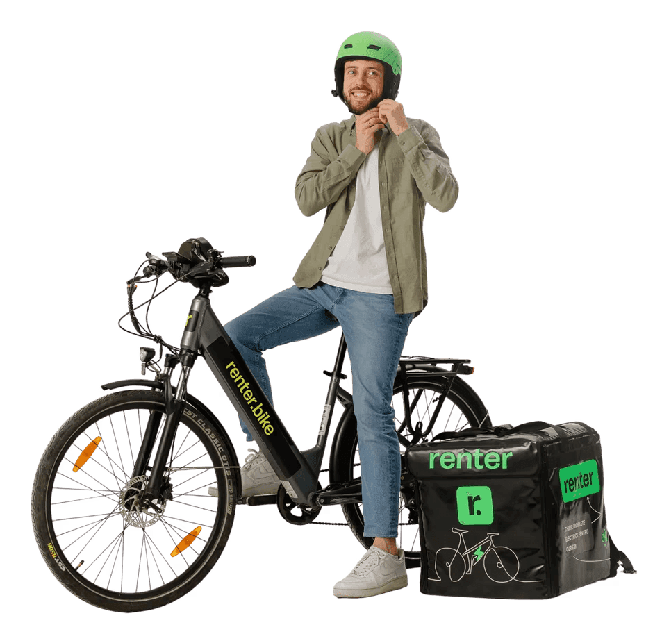 Courier standing beside the Renter T1 with a Renter delivery backpack