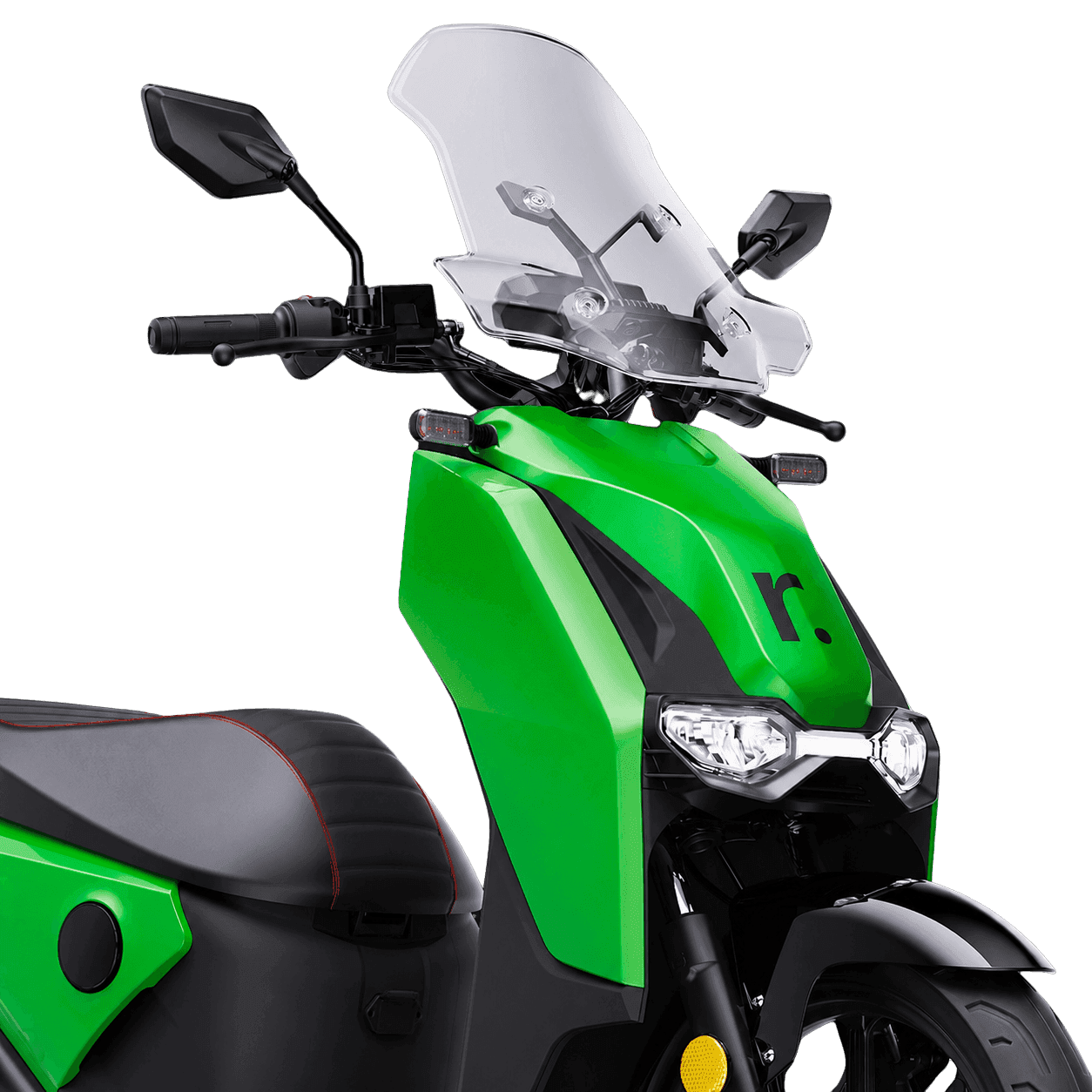 Vmoto electric moped seen from the front, with windscreen