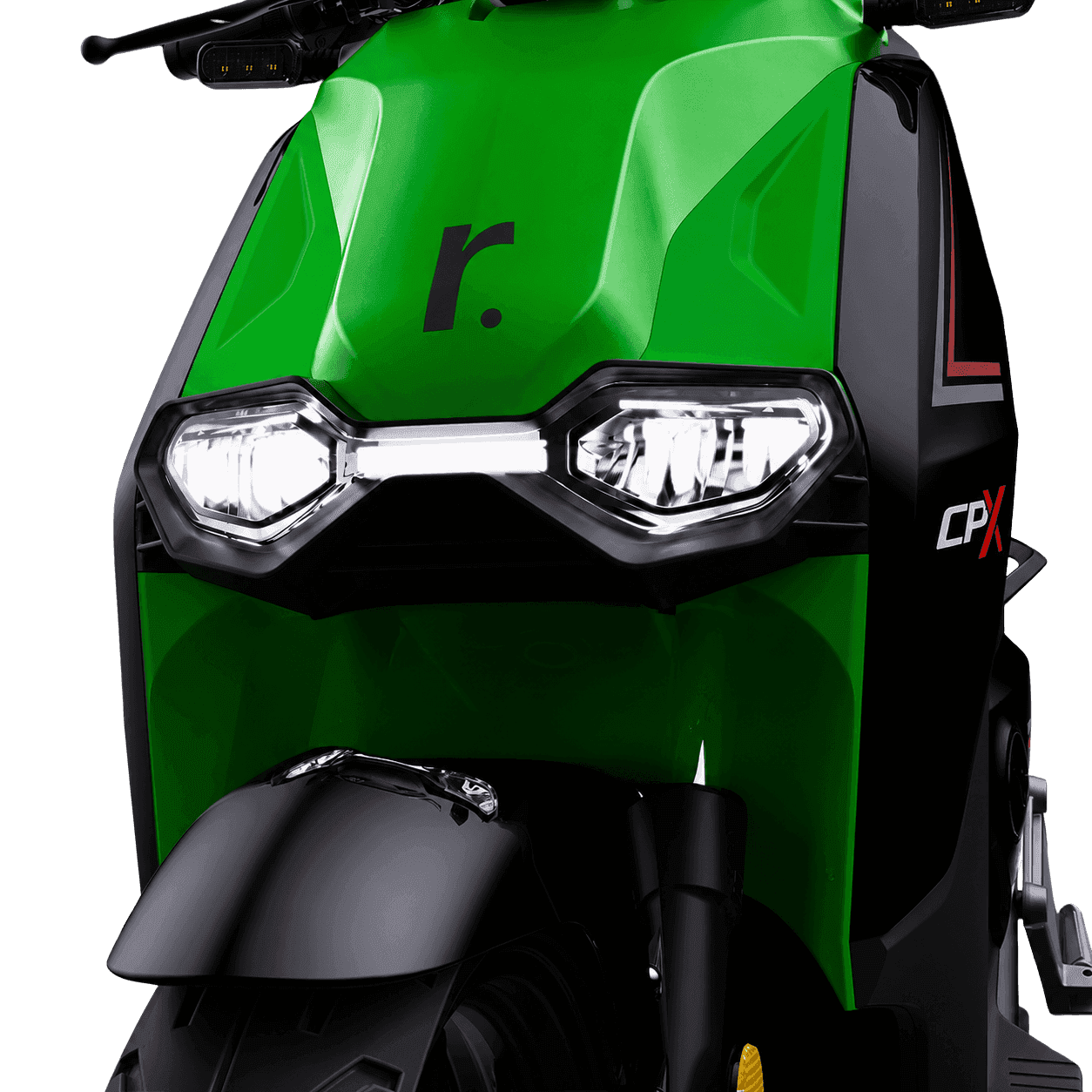 Close-up of the Vmoto electric moped headlight and front panel